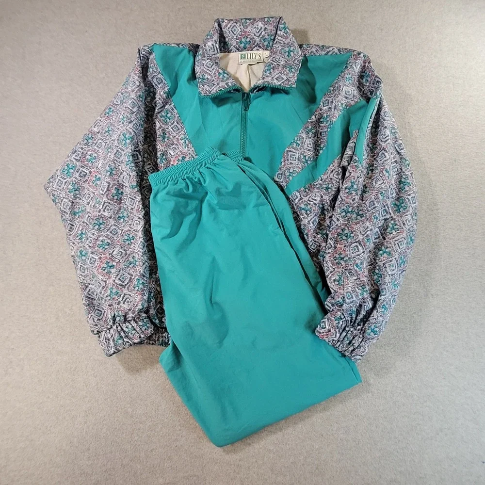 Vintage Lilys of Beverly Hills Tracksuit Teal Geometric Windbreaker Set Large